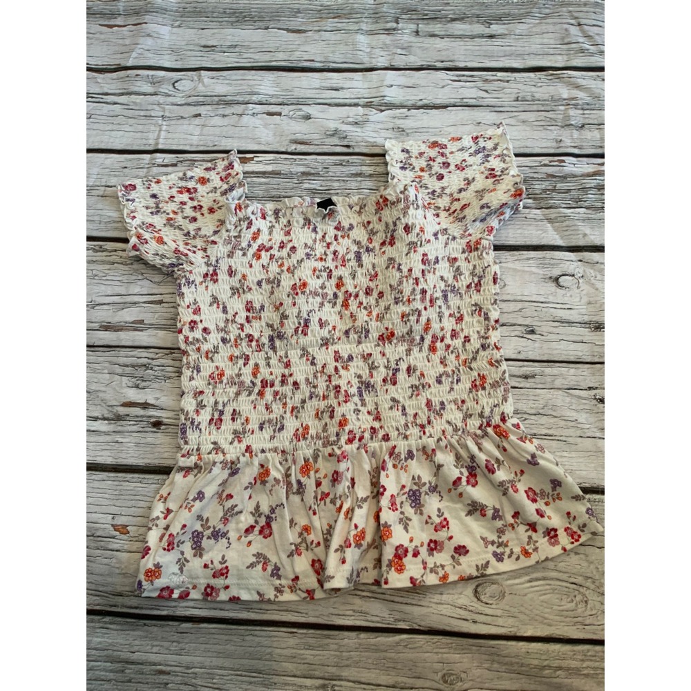 American Eagle Smocked Peplum Top Floral Square Neck Flutter Sleeve‎ White XS